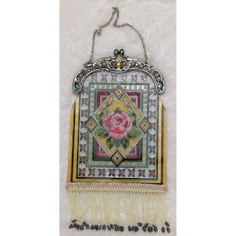 Amia Handpainted Glass Purse Wall Hanging Beaded Fringe Floral Decor